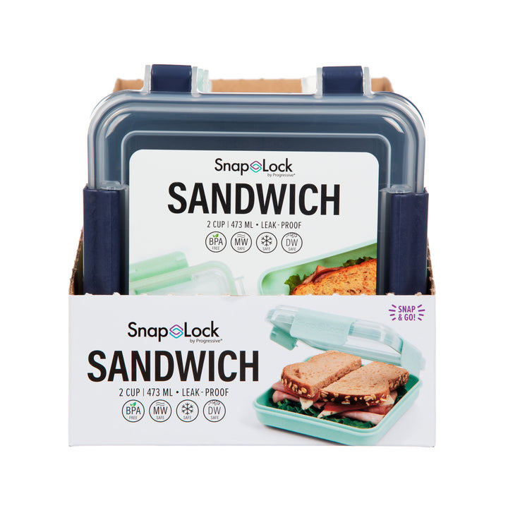 front view of new plastic sandwich container lunch boxes for food storage in original packaging