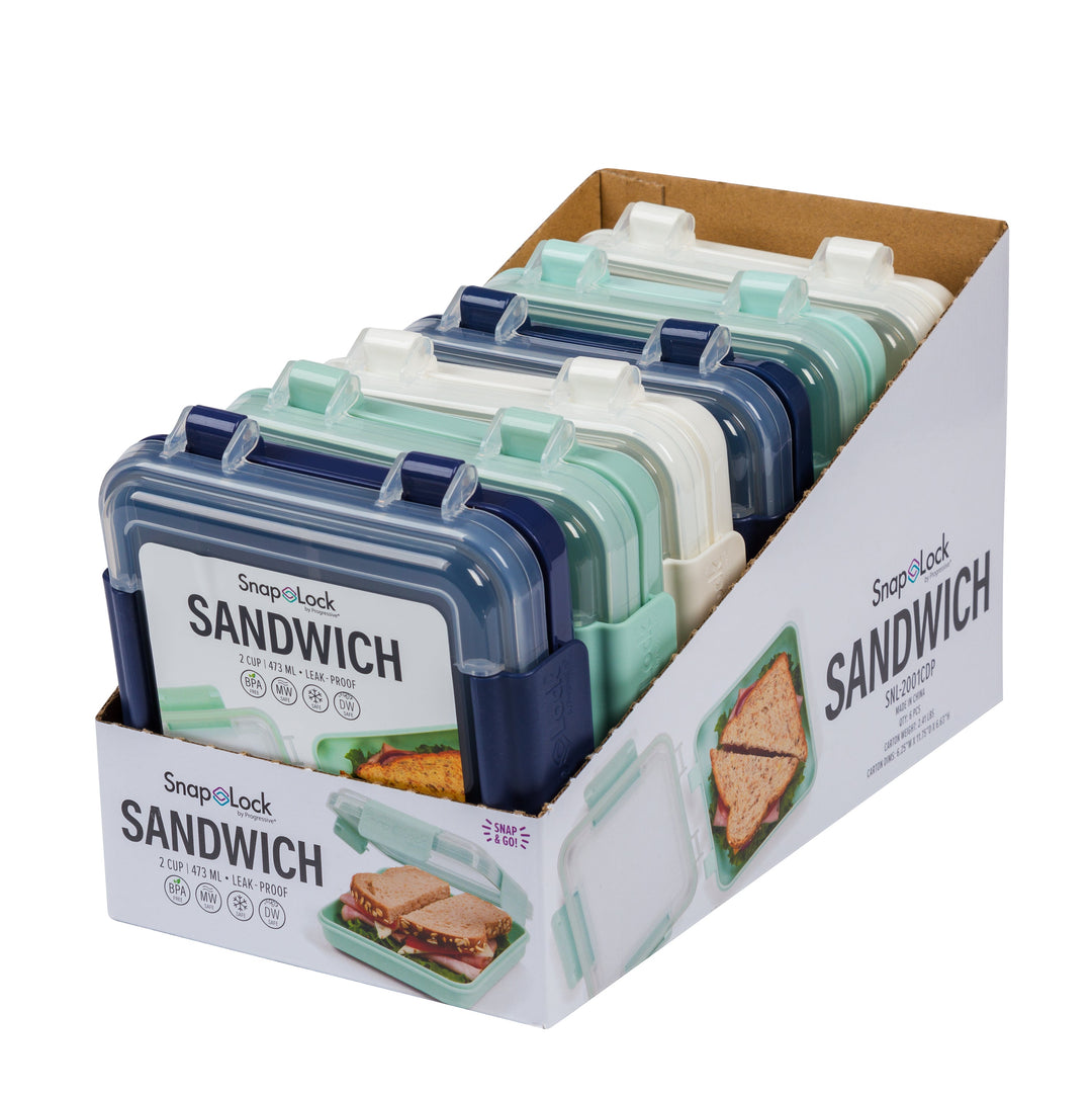side view of new plastic sandwich container lunch boxes for food storage in original packaging
