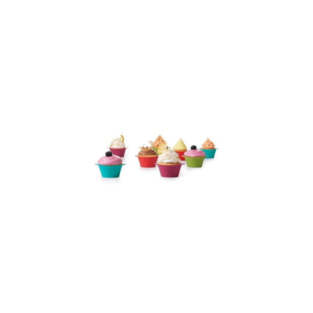 assorted silicone cupcake baking liners with a variety of cupcake types including chocolate frosting, pink frosting, yellow frosting and white frosting