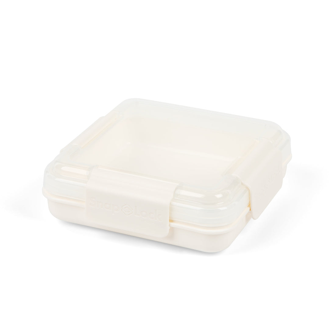 empty white plastic food storage lunch box container with sealed and closed lid