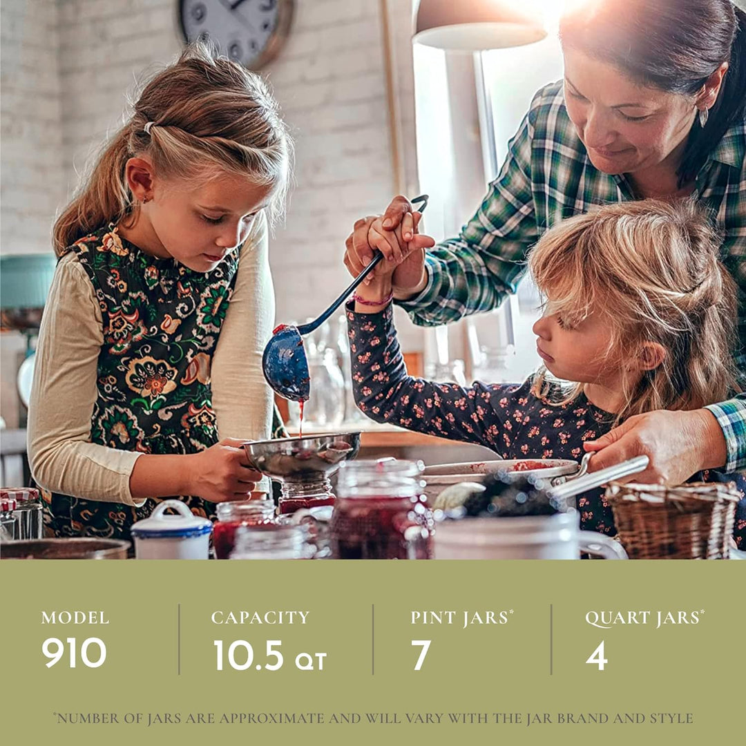 All American 910 pressure canner in use, a family ladling jam into pint jars, capacity 10.5 quarts