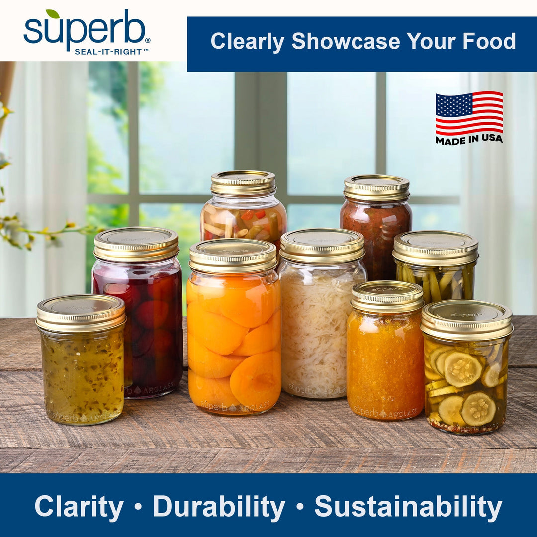 Nine mason jars of colorful home-canned food sealed with gold Superb canning lids made in the USA