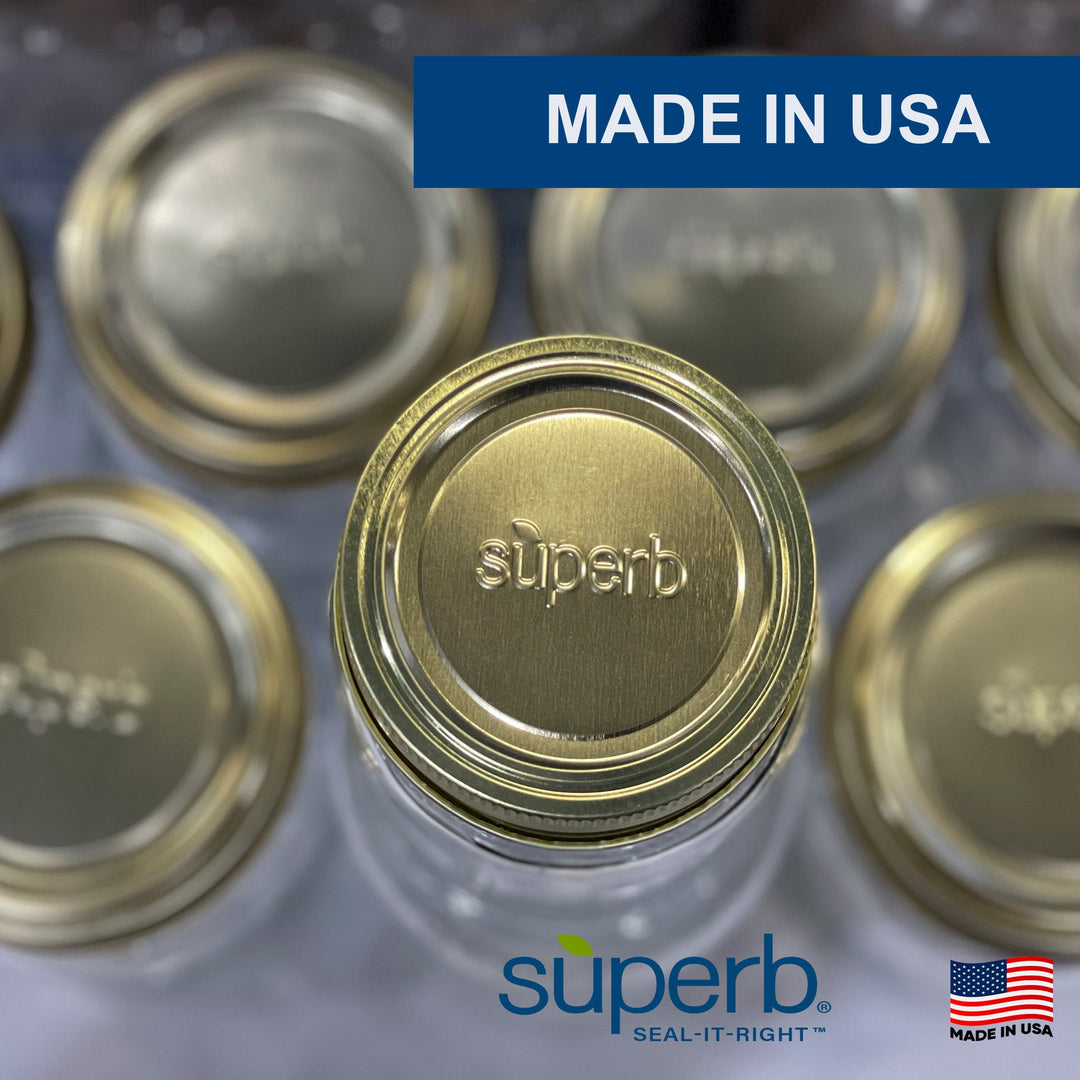 Superb canning lid embossed with the superb logo on a sealed mason jar, labeled Made in USA