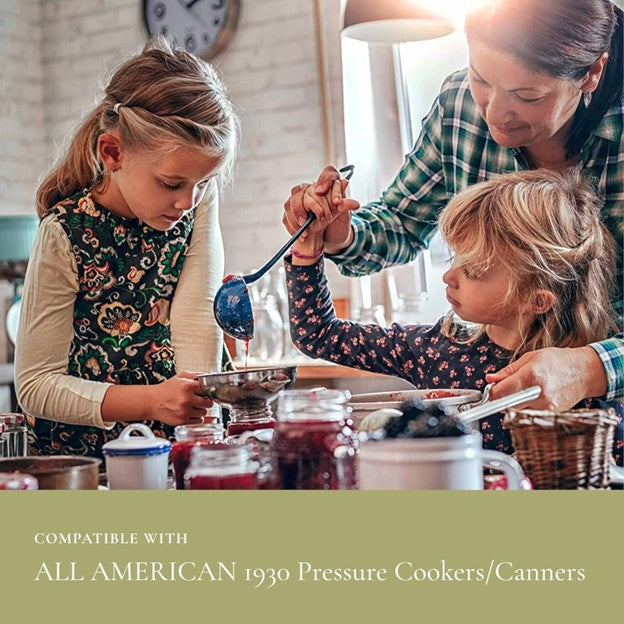 Family ladling homemade jam into jars while getting ready for canning season