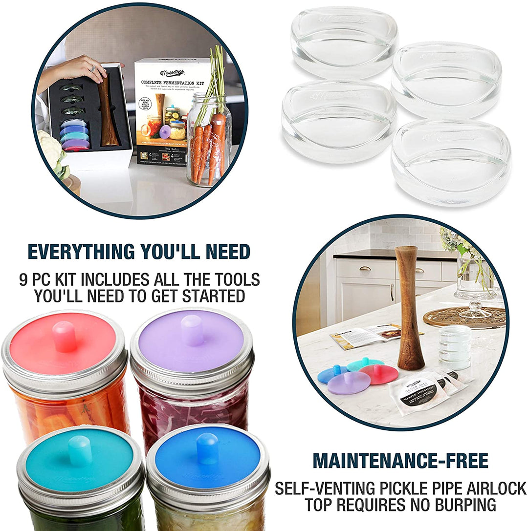 Four wide mouth mason jars fermenting carrots, red cabbage and vegetables under colored Masontops Pickle Pipe silicone airlock lids