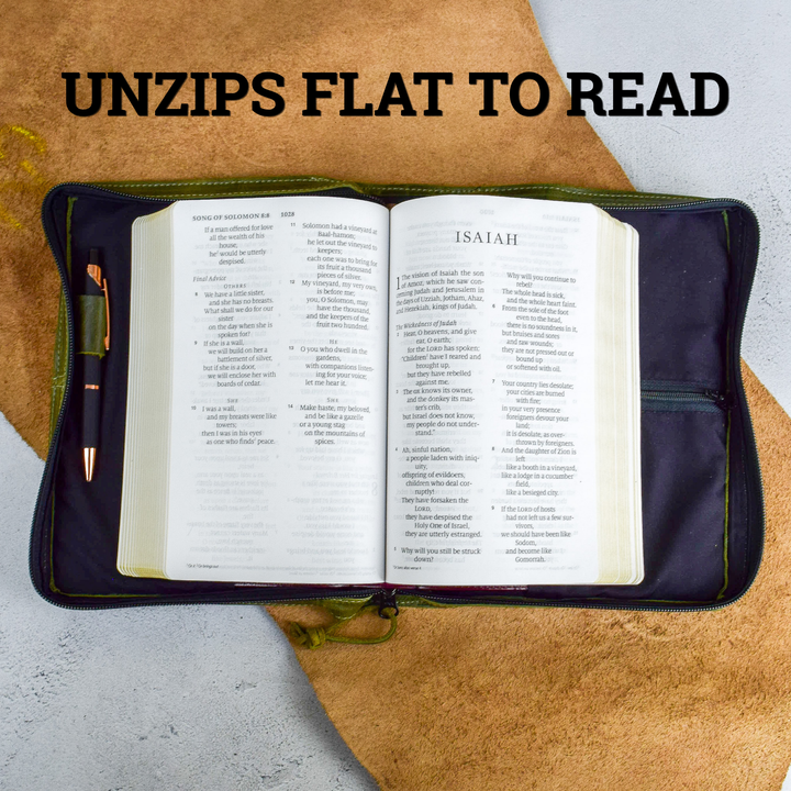 Dark Green Full Grain, Natural Leather Bible Cover / Case with Zipper - by World Orphans