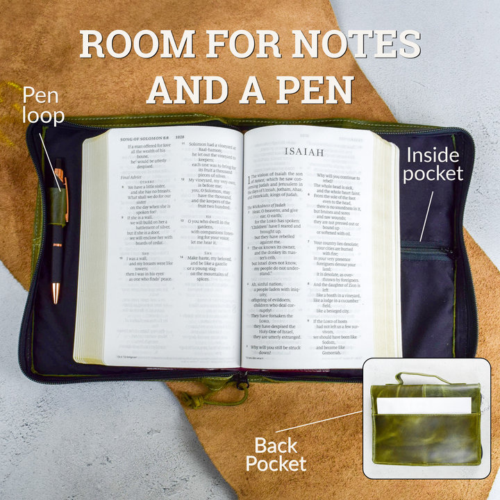 Dark Green Full Grain, Natural Leather Bible Cover / Case with Zipper - by World Orphans