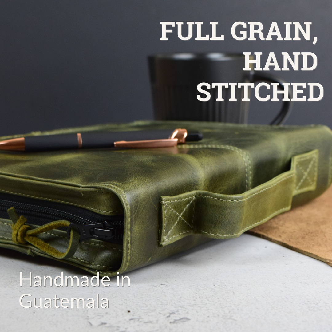 Dark Green Full Grain, Natural Leather Bible Cover / Case with Zipper - by World Orphans