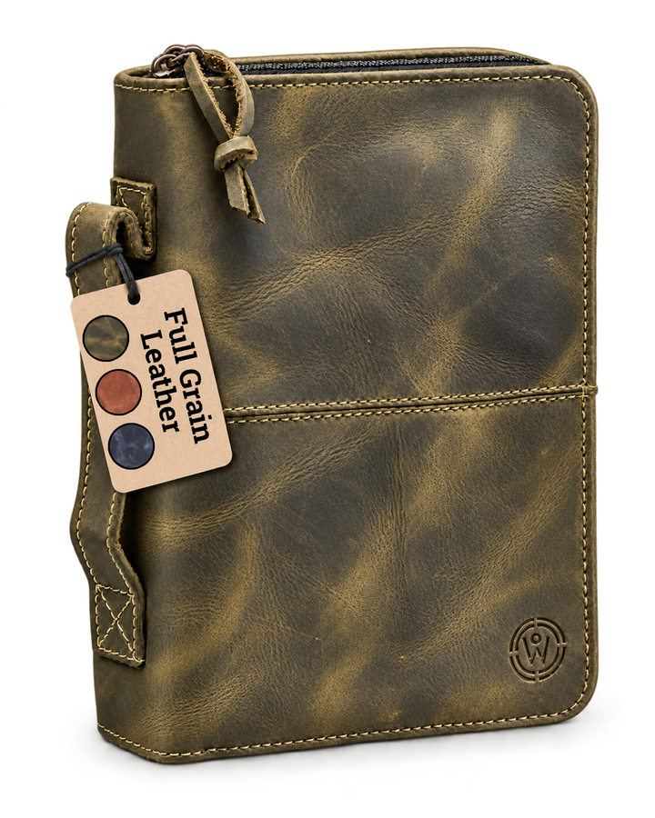 Dark Green Full Grain, Natural Leather Bible Cover / Case with Zipper - by World Orphans