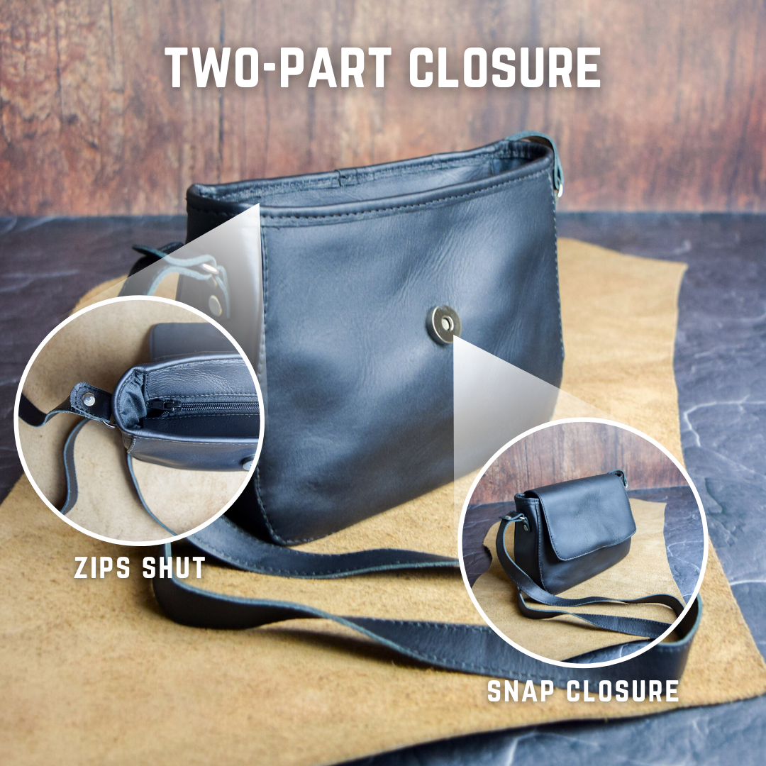 Zipper and snap closure of leather cross body bag
