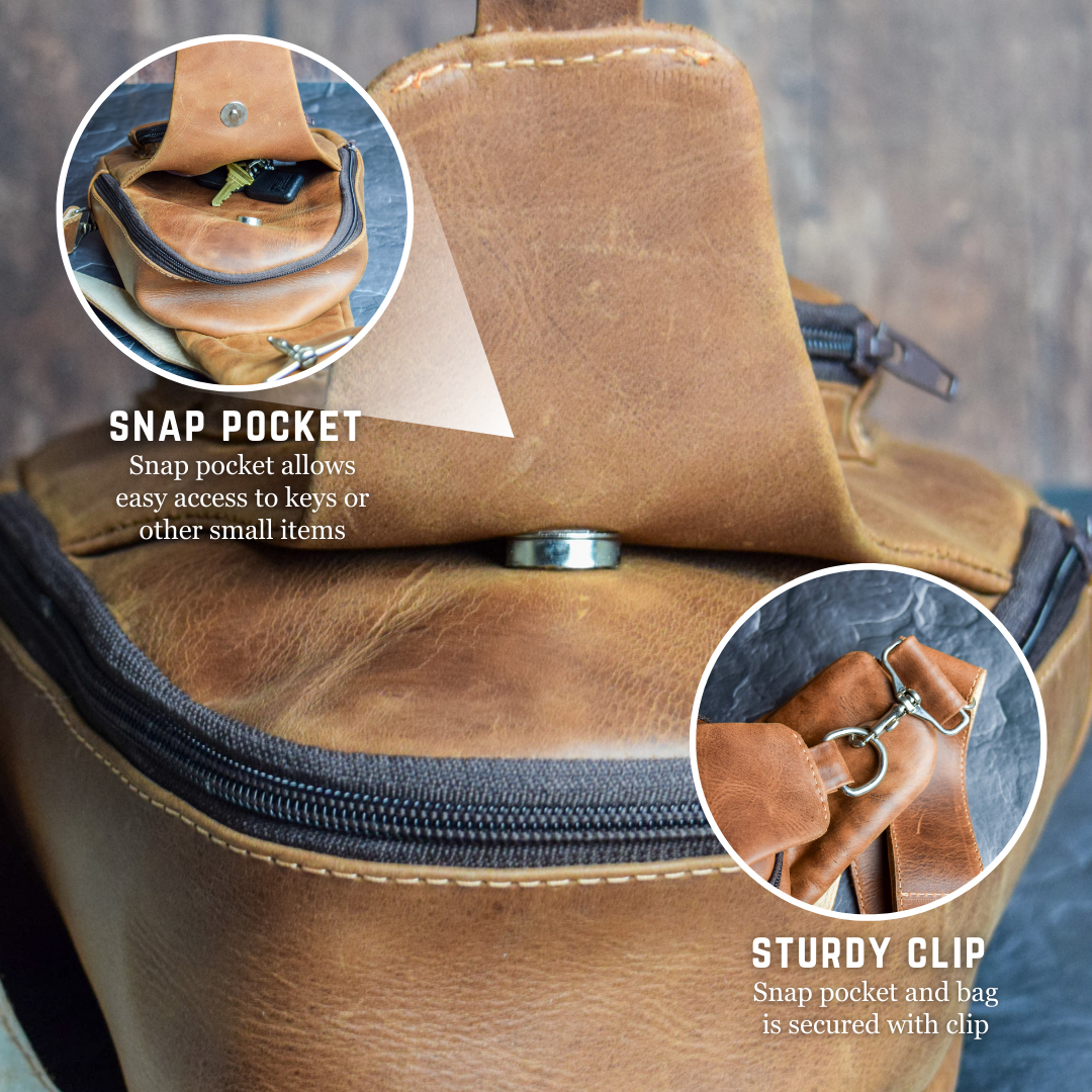 Front pocket on leather sling bag
