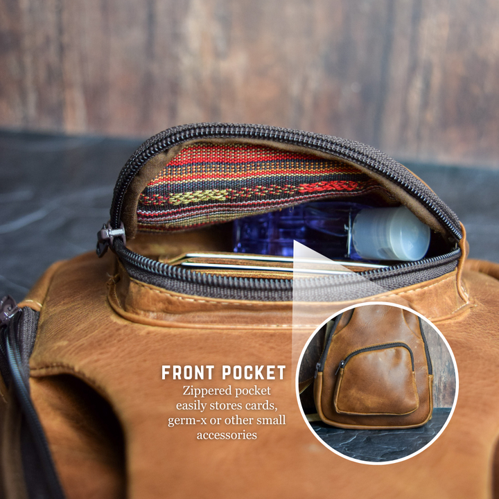 Pockets on sling backpack purse