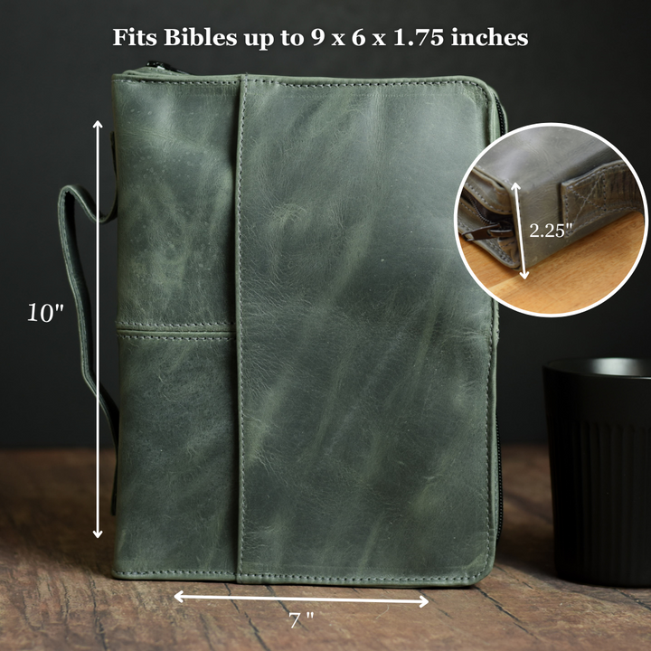 Gray Full Grain, Natural Leather Bible Cover / Case with Zipper by World Orphans