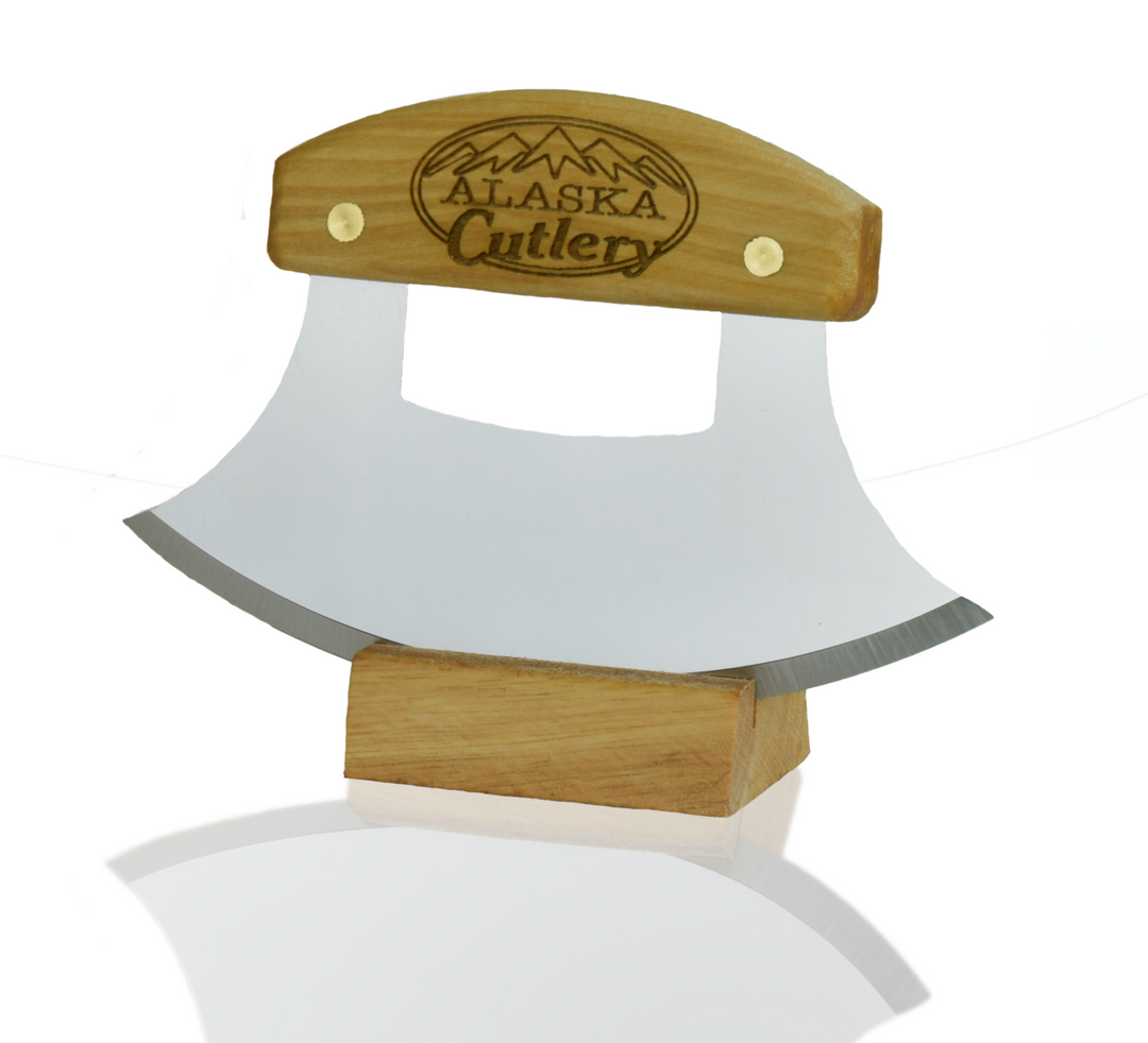 Birch Ulu Knife - Engraved "Alaska Cutlery" Mezzaluna - by The Ulu Factory in Alaska