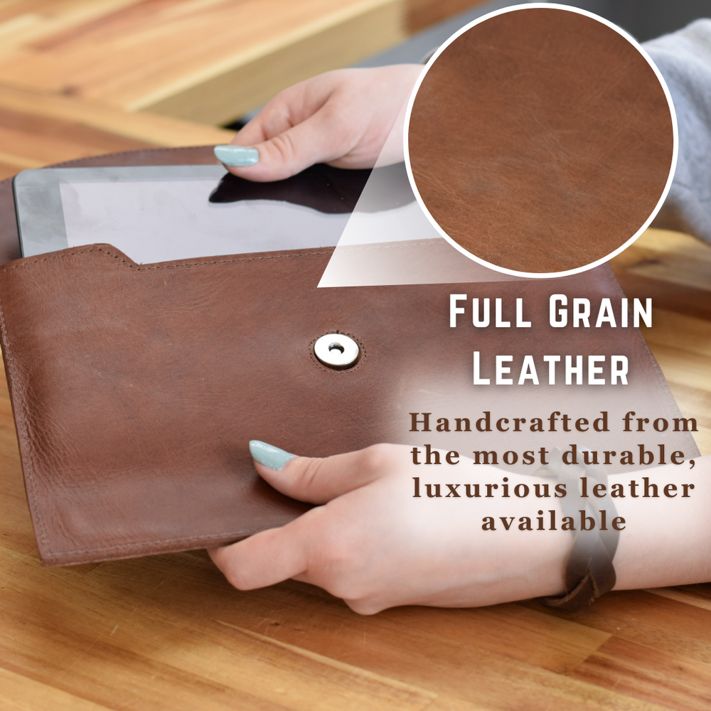 Brown leather tablet sleeve