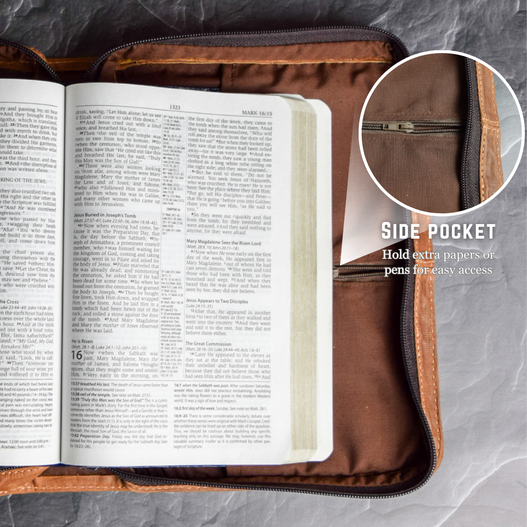 Paul Walter Genuine Leather Bible Cover Organizer With Handle – Adjustable Book Case, Pen Holder, Solid Black