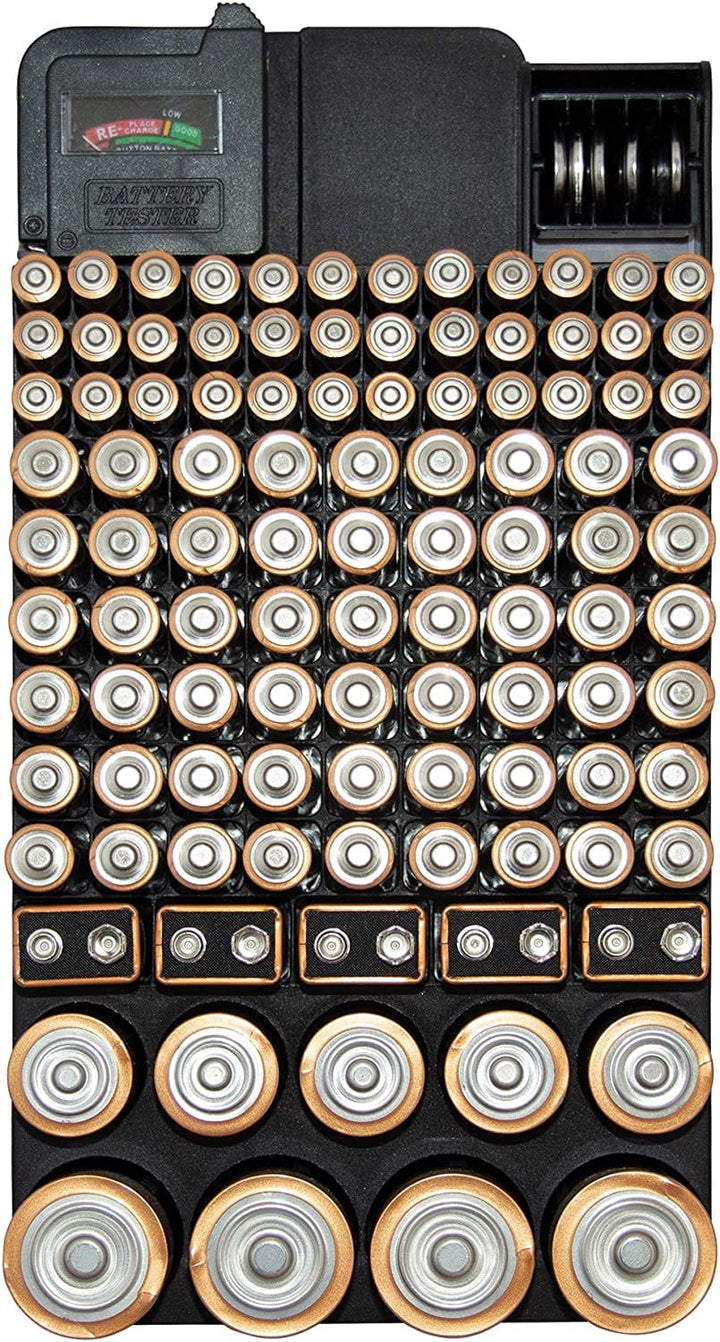 Slim Line, Compact Battery Storage Organizer with Battery Tester by Range Kleen