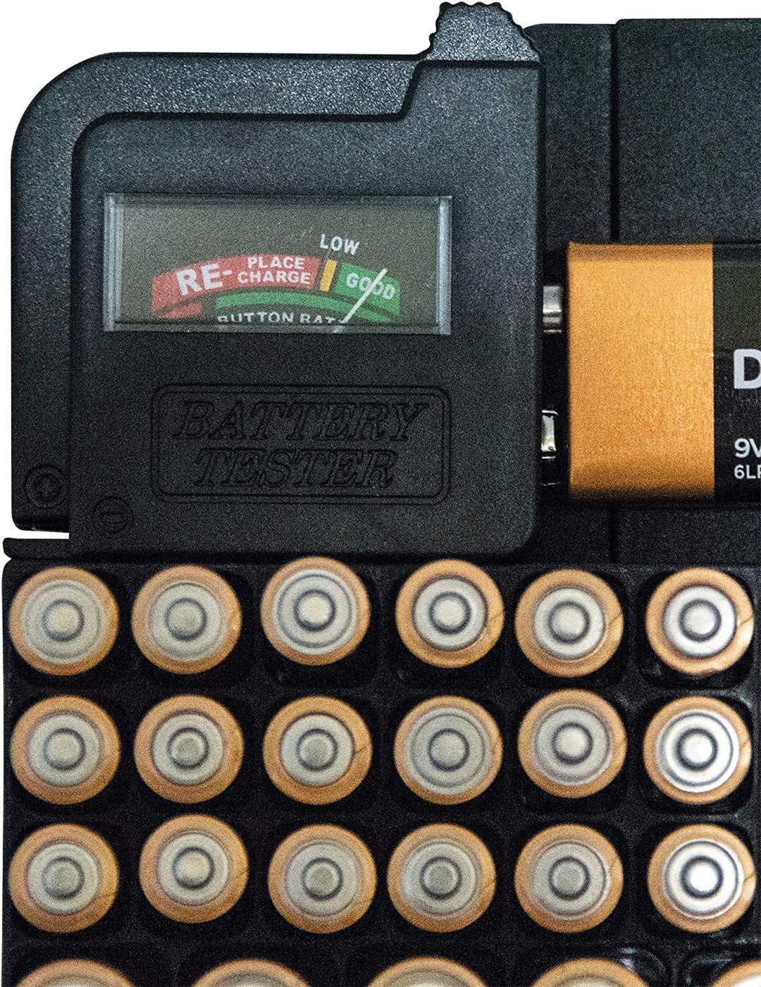 Slim Line, Compact Battery Storage Organizer with Battery Tester by Range Kleen