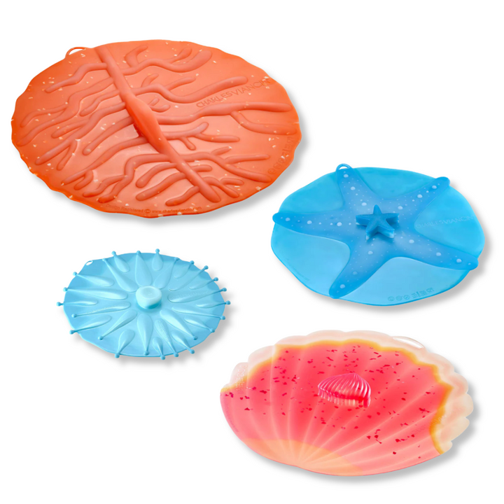 Coastal Beach Themed Silicone Reusable Lid Covers by Charles Viancin for Mixing Bowls, Pots and Pans, Containers, and Cookware