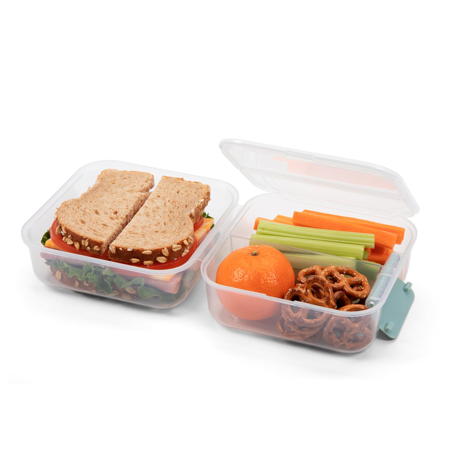 light blue plastic food storage container lunch box with lunch inside