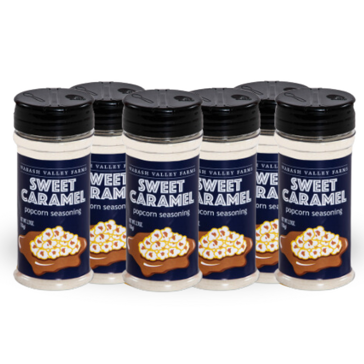 six bottles of sweet caramel flavor popcorn seasoning mix adjacent to each other