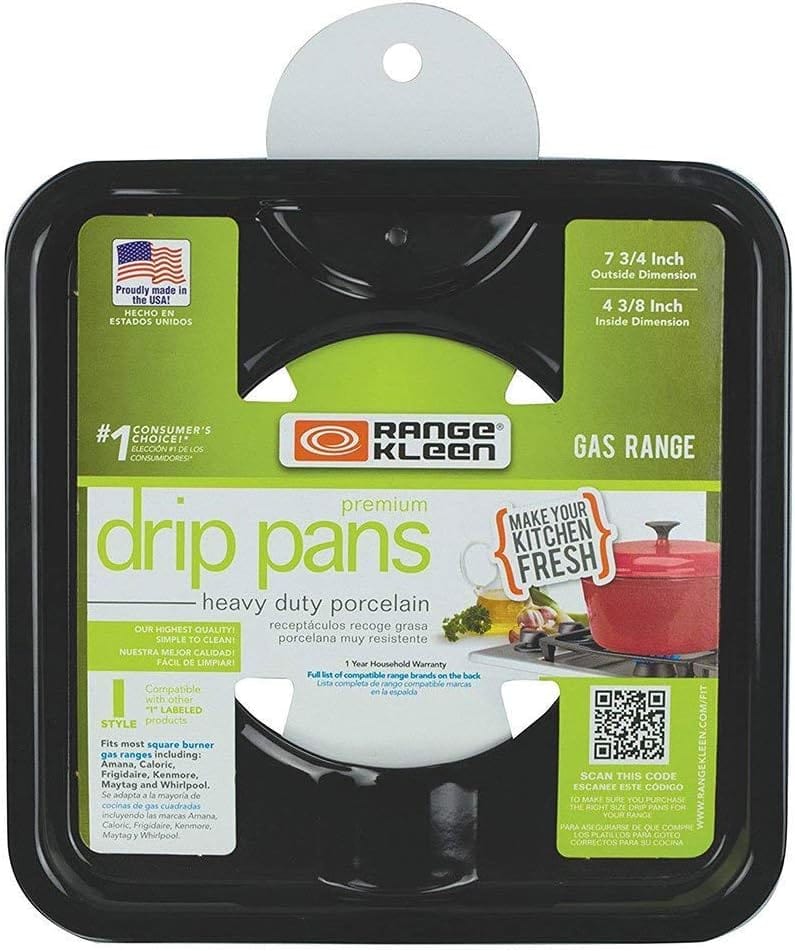 Range Kleen 4 Pack | Style I 7.75 Inch Square, Heavy Duty Black Porcelain Drip Pans