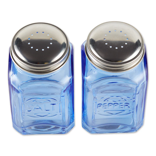 top view of empty blue glass vintage salt and pepper shakers