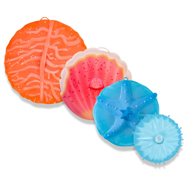 Coastal Beach Themed Silicone Reusable Lid Covers by Charles Viancin for Mixing Bowls, Pots and Pans, Containers, and Cookware