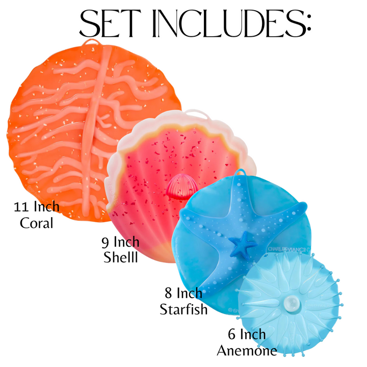 Coastal Beach Themed Silicone Reusable Lid Covers by Charles Viancin for Mixing Bowls, Pots and Pans, Containers, and Cookware
