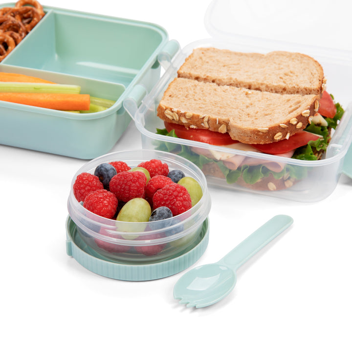 closeup of light blue plastic food storage lunch container with lid and lunch including sandwich, chopped veggies, fresh fruit, and pretzels