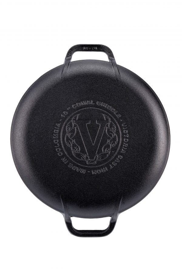 Victoria Gdl-185 Comal Griddle Seasoned 10 inch 2 Side Handles Seasoned Cast Iron Black