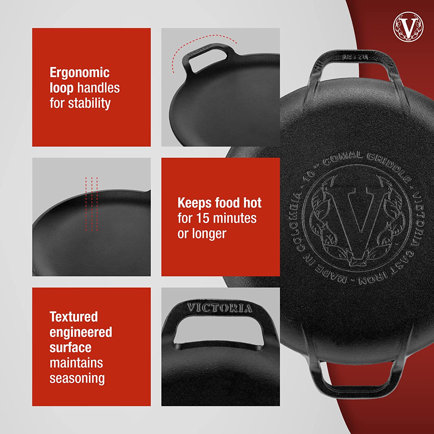 Victoria Gdl-185 Comal Griddle Seasoned 10 inch 2 Side Handles Seasoned Cast Iron Black