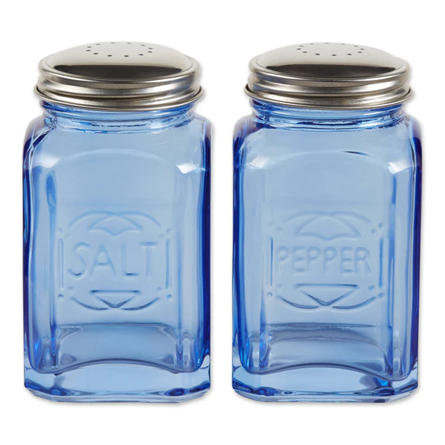 empty blue glass vintage salt and pepper shakers
